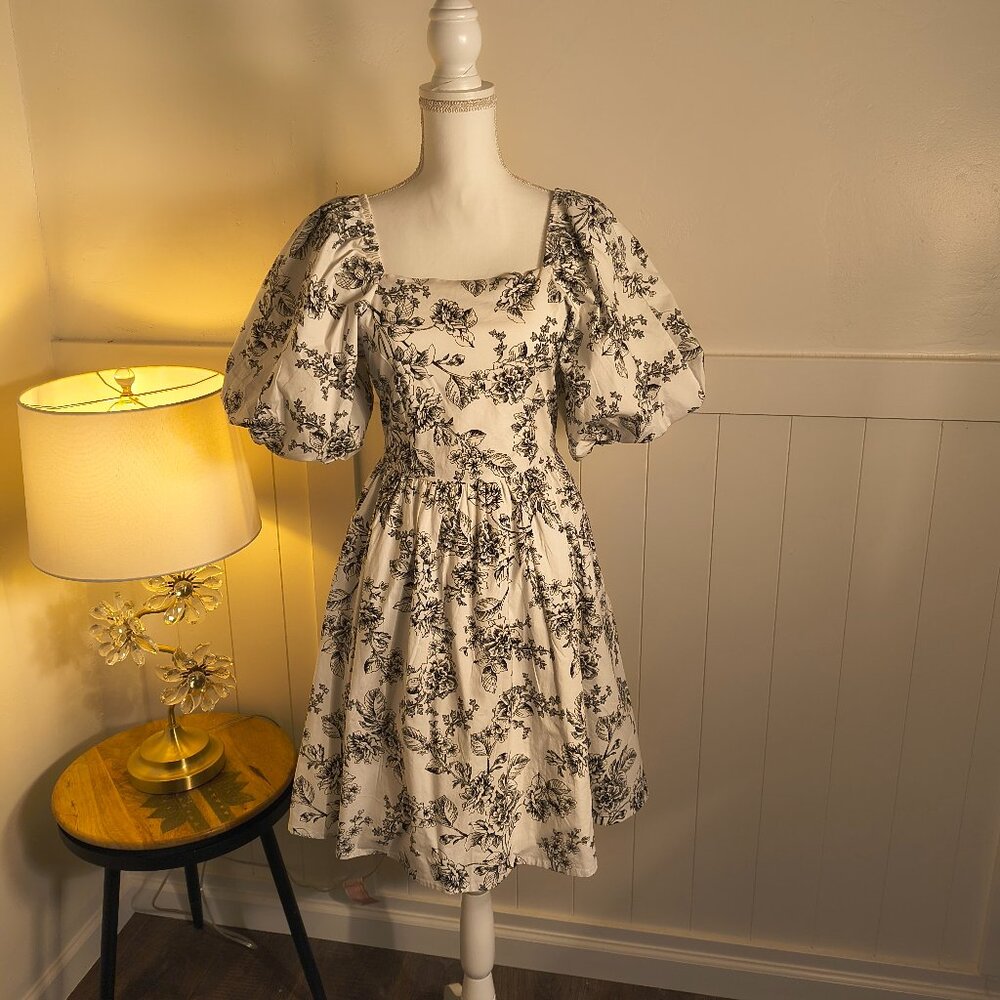 Rachel Parcell Black Toile Puff Sleeve Dress – Size 6